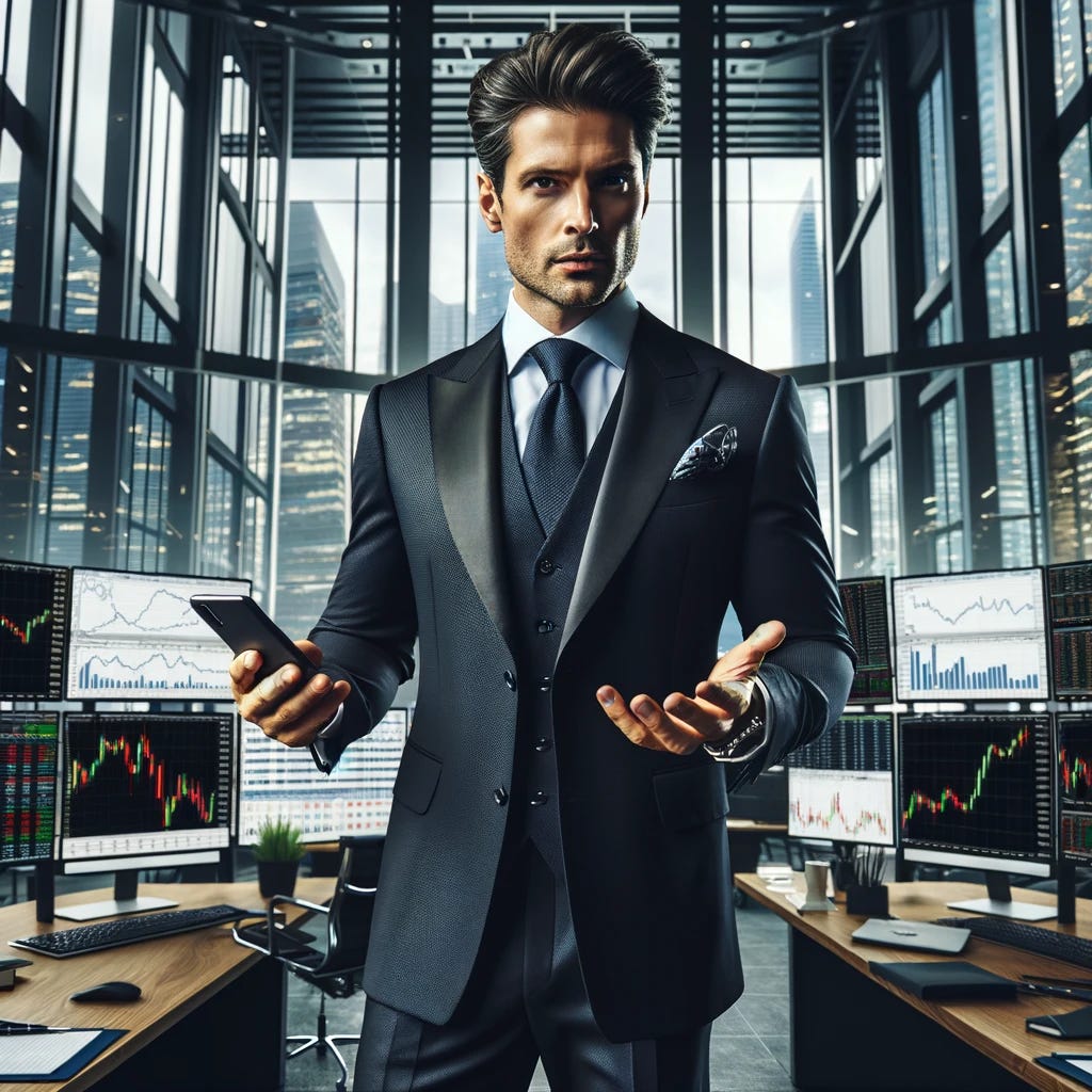 A confident, powerful-looking man, dressed in an elegant, dark suit with a tie, is standing in a large, modern corporate office. He is surrounded by multiple computer screens showing stock market charts and financial data. The office is luxurious with large windows overlooking a bustling city skyline. The man is holding a smartphone in one hand and gesturing confidently with the other, exuding an aura of authority and success. The scene captures the essence of a high-powered trader in a dynamic, corporate environment.