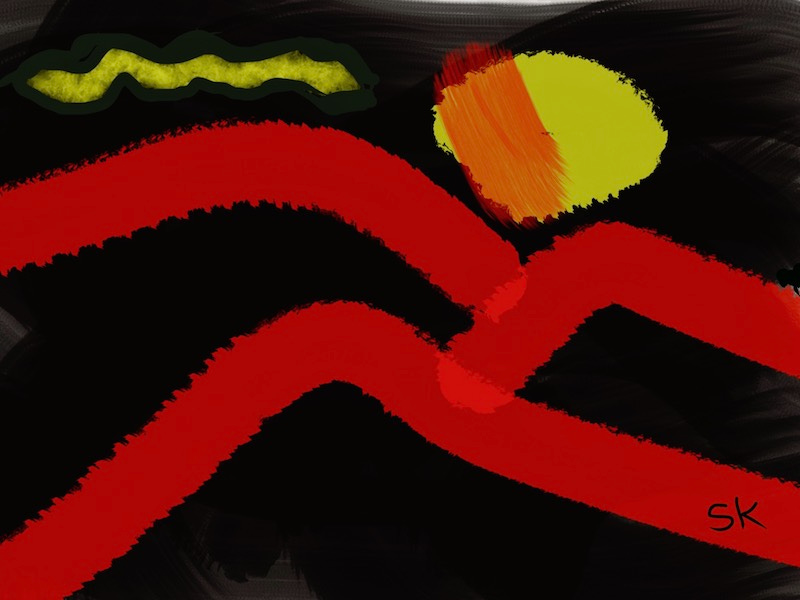 Abstract painting by Sherry Killam Arts suggesting a symbolic red figure running.