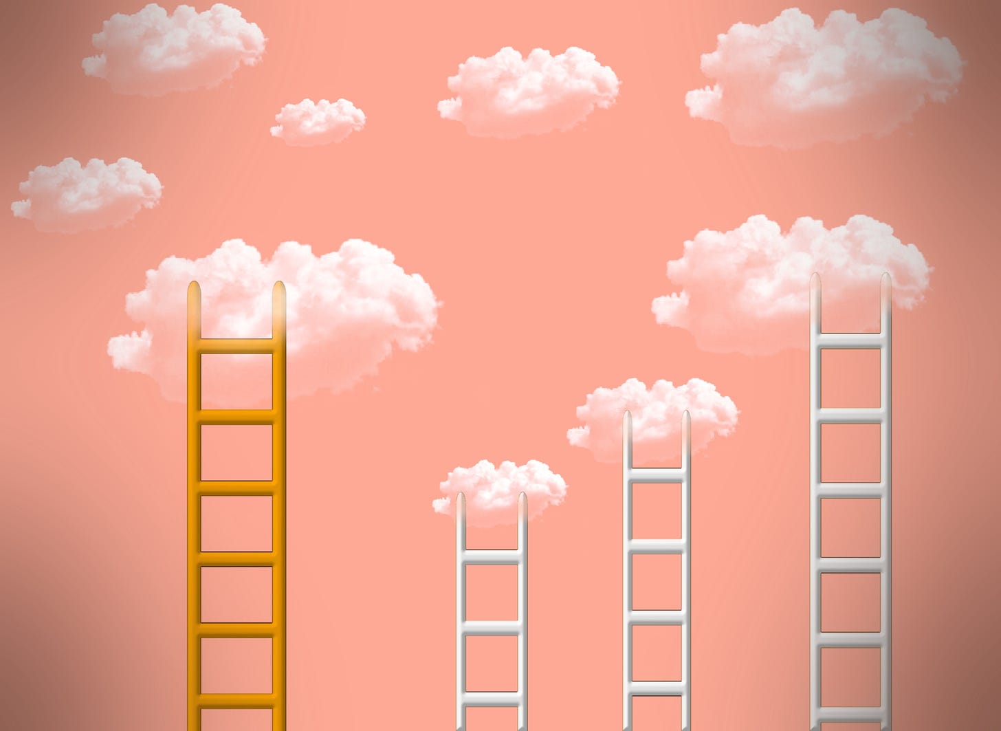 Four ladders, one orange and three white, leading to clouds against a salmon pink background