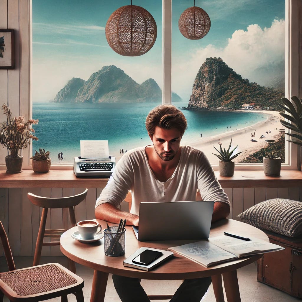 A digital nomad working on a laptop while sitting at a small table in a scenic location, such as a beach or mountains, with a slightly tired expression, illustrating the concept of burnout. The setting should look beautiful but also show elements of isolation, like an empty seat next to the person or a vast, empty landscape. Subtle details of the person’s workspace, such as coffee cups and a cluttered table, hint at overwork. The mood should evoke both beauty and loneliness in the nomad lifestyle.