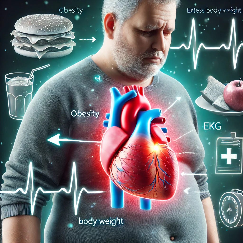 An image depicting the association between obesity and heart failure. The image should show an overweight person with a visible heart, highlighting the strain on the heart. The heart should appear enlarged and struggling. Arrows or indicators can show the connection between excess body weight and the heart. The background can include elements like unhealthy food and medical symbols such as a stethoscope or EKG lines to emphasize the medical context.