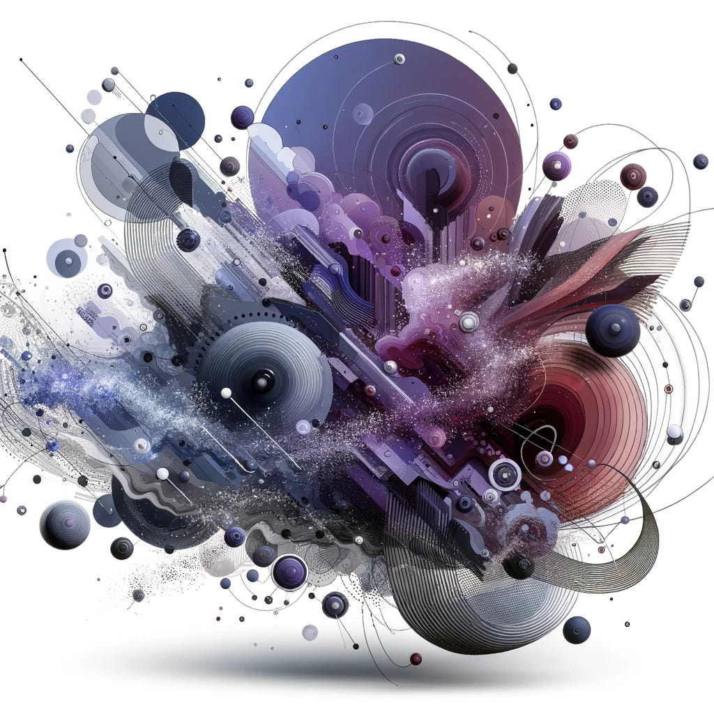 Create an abstract representation of macro trends in technology and innovation, focusing on immersive engagement through mixed reality. Use abstract shapes and forms with a color palette featuring purple (#663399) as an accent. The artwork should convey a sense of futurism and innovation without depicting any specific objects or words.