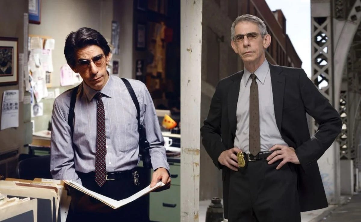 This diptych shows, on the left, a photo of Richard Belzer as Detective John Munch in Homicide: Life on the Street and, on the right, a photo of Belzer as Sergeant John Munch in Law & Order: Special Victims Unit. This diptych shows, on the left, a photo of Richard Belzer as Detective John Munch in Homicide: Life on the Street and, on the right, a photo of Belzer as Sergeant John Munch in Law & Order: Special Victims Unit.