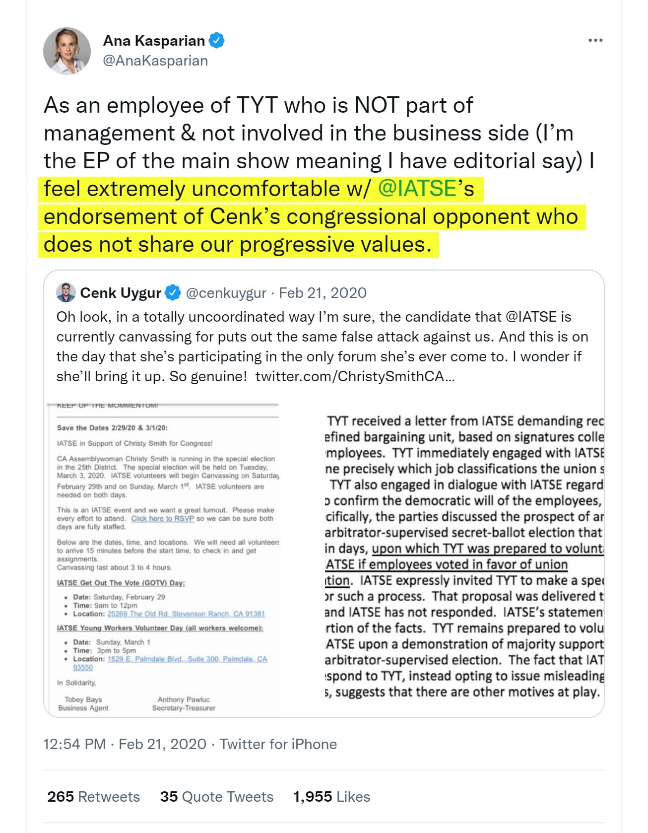 Tweet from Ana Kasparian, a retweet of Cenk's tweet, with her own words added, yellow highlight text "feel extremely uncomfortable w/ @IATSE's endorsement of Cenk's congressional opponent who does not share our progressive values."