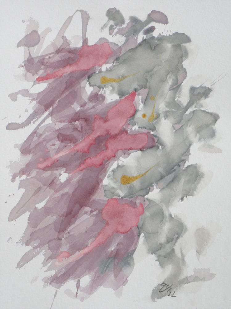 Paint strokes in watercolour purple (left), pink (centre) and grey (right)