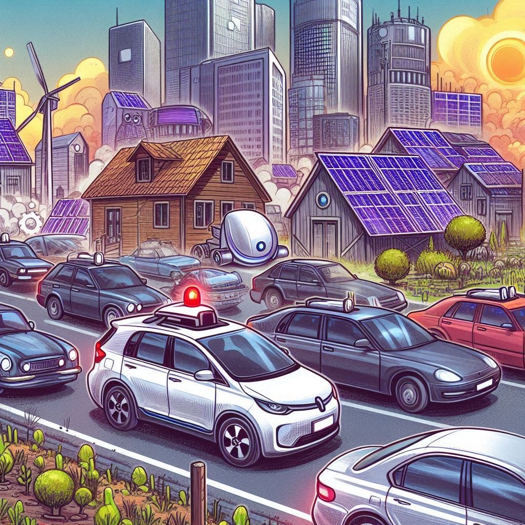 a bunch of cars stuck in traffic behind a self-driving car, small town, solarpunk drawing