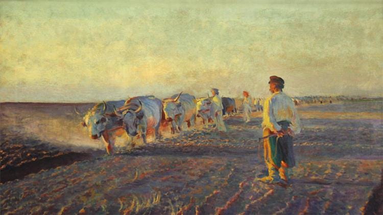 golden hour art: Leon Wyczółkowski, Plowing in Ukraine, 1892, Sukiennice Museum, Kraków, Poland.
