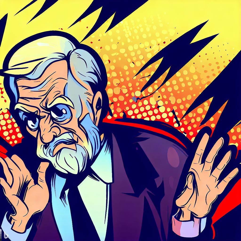 A different style of comic vector art. An old man is acting very cautious and negative. A super cool background.