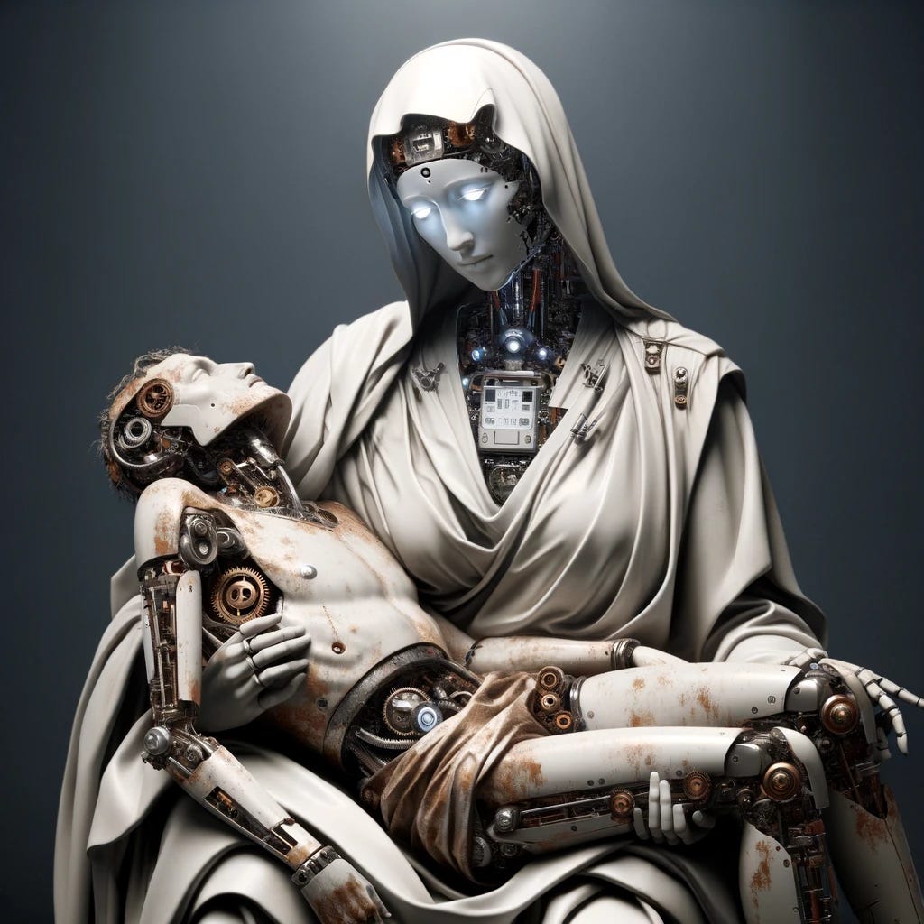 A revised version of Michelangelo's Pieta, where the figure in the role of Mary is depicted as a humanoid robot, blending human-like features with clear robotic elements. She possesses a sleek, advanced design with a white, reflective surface, yet retains a semblance of human form and expression. The figure she cradles is a rusty, gear-filled robot, distinctly mechanical and obsolete in appearance. The scene captures a poignant contrast between the humanoid, futuristic robot and the old, industrial-style robot, preserving the emotional depth of the original artwork.