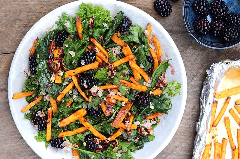 Kale Salad with Sweet Potato Fries and Blackberry-Lime Dressing