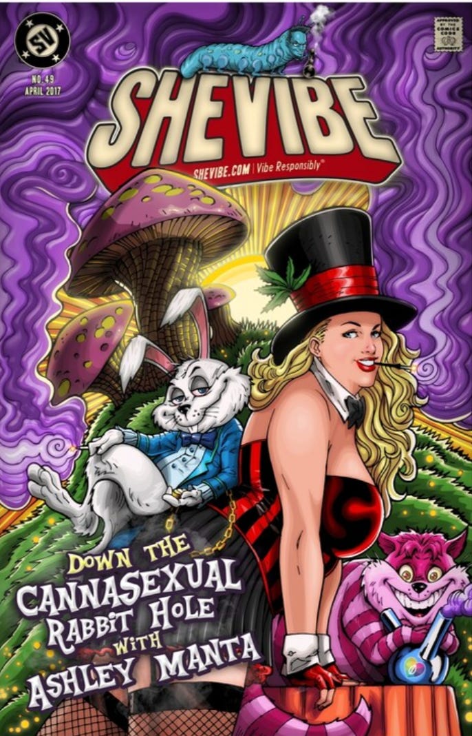 Comic book style image of Ashley with long blonde hair wearing a red corset and black short skirt with thigh high fishnets and garters. A white rabbit in a blue waistcoat is sitting on her back holding a joint that is filling the background with purple smoke. The cheshire cat is holding a bong. The caterpillar has the face of Dean Elliott, CEO of Sliquid