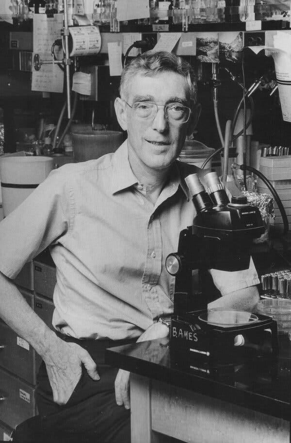 A middle-aged Bruce Ames sits at a desk in front of a microscope, wearing frameless glasses and a short-sleeve buttoned shirt.