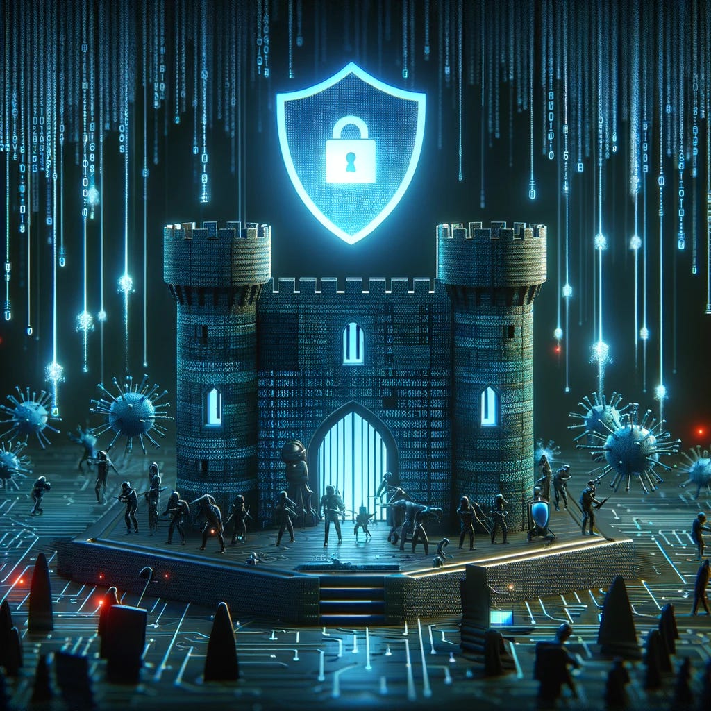 A digital fortress representing cybersecurity, with walls made of binary code and shield symbols at the gates. The fortress is surrounded by various digital threats like viruses, malware, and hackers in the form of shadowy figures trying to penetrate the defenses. Above the fortress, a digital shield glows brightly, symbolizing the protection against these threats. The scene is set in a cyberspace environment, with a background of dark hues interspersed with lines of code and digital networks.