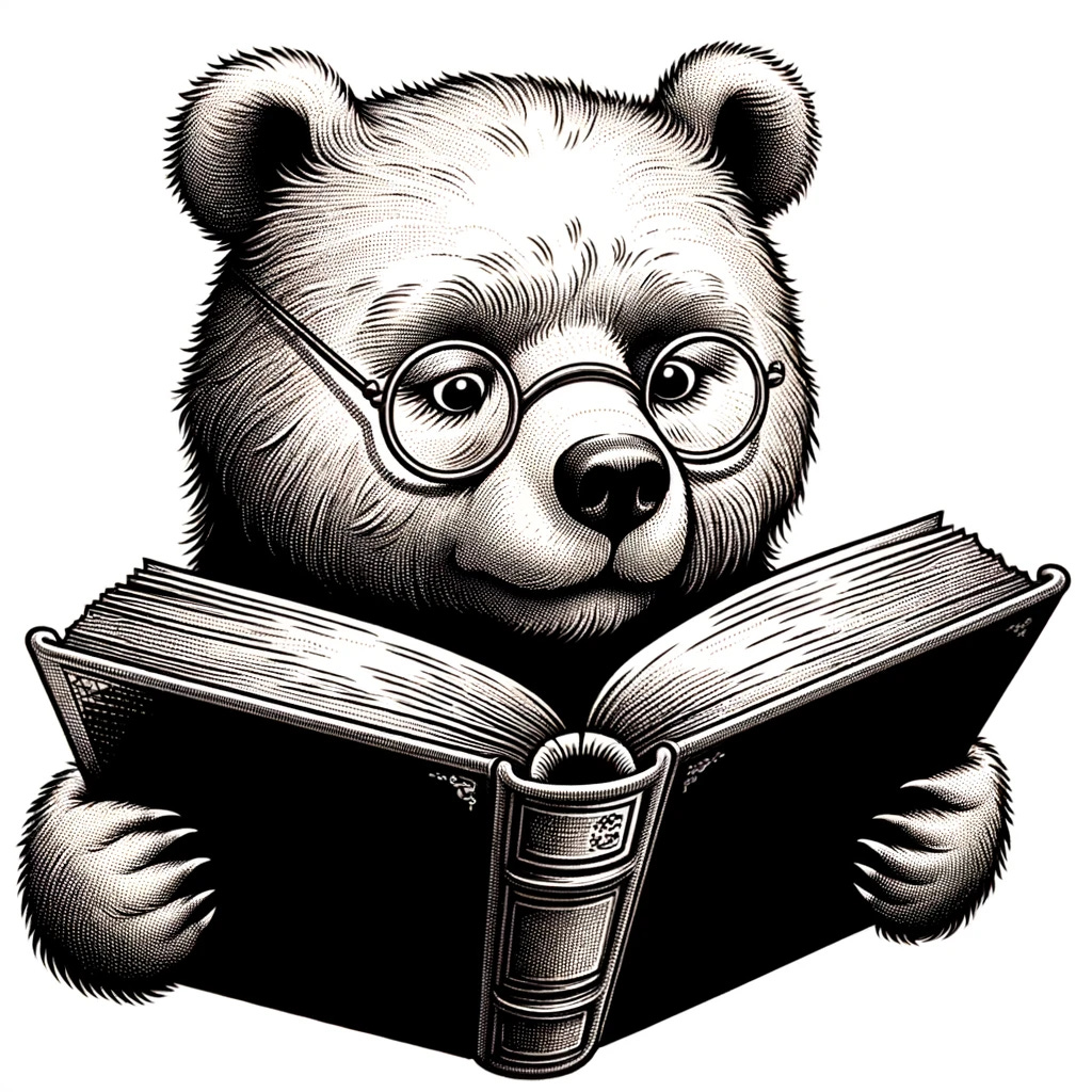 A cartoon bear in the style of a 19th-century etched illustration, with a plain white background. The bear, wearing round spectacles, is focused on reading a large, open book. The illustration captures the intricate line work and shading typical of the period, emphasizing the bear's engrossed expression and the detailed depiction of the book, while eliminating any background details to focus solely on the bear and its activity.
