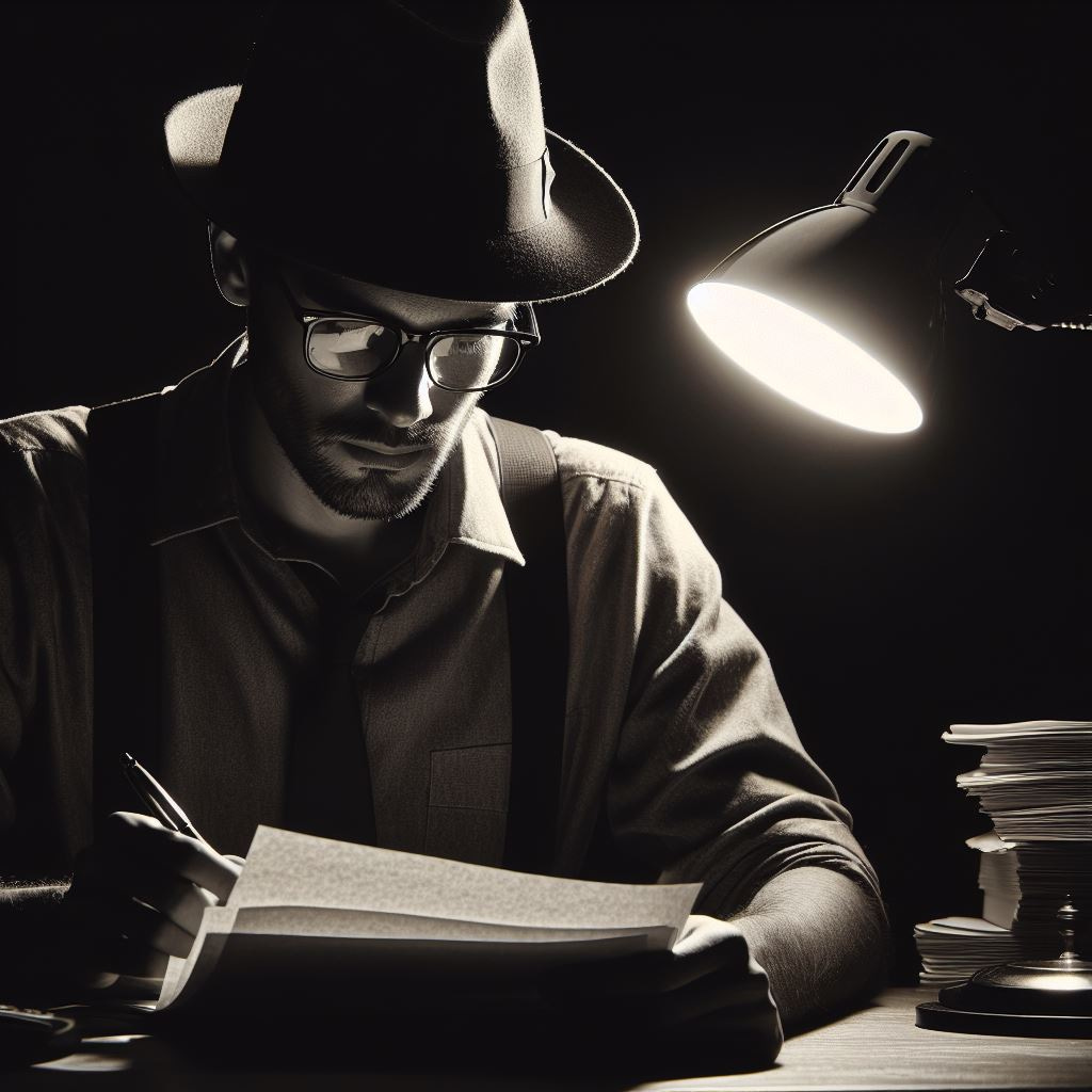 chiaroscuro style of an engineer wearing a reporter's hat and glasses while sitting at a desk sifting through documents, in silhouette from the desk lamp, resembling a noir detective movie