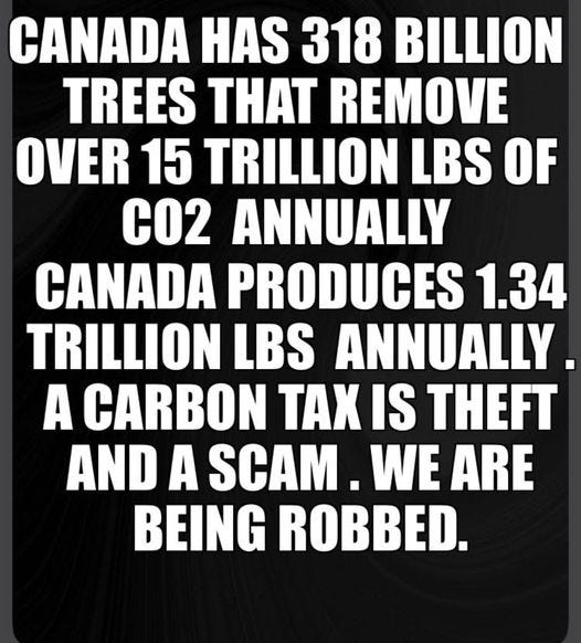 वह टेक्स्ट जिसमें 'CANADA HAS 318 BILLION TREES THAT REMOVE OVER 15 TRILLION LBS OF C02 ANNUALLY CANADA PRODUCES 1.34 TRILLION LBS ANNUALLY A CARBON TAX IS THEFT AND A SCAM WE ARE BEING ROBBED.' लिखा है की फ़ोटो हो सकती है