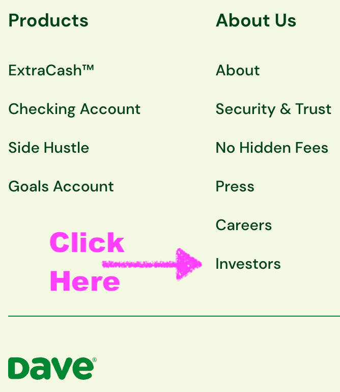 Dave Inc.’s website footer with a link to investor relations