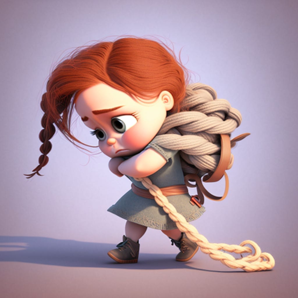 A sad girl with rope on her back