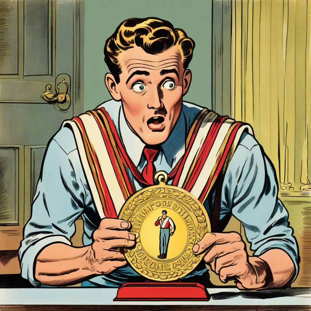  1950, 50s, vintage american color comic about A man is shocked to discover that the gold medal in his hands is a fake, Full shot of the man holding the medal, looking defeated.