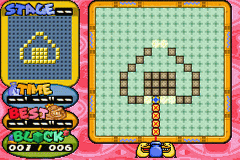 A gameplay screenshot from Guru Logi Champ, with a completed version of the object in the top left corner above the Time, Best (time), and Block information ovals, with the play area taking up most of the screen real estate to the right. The object you are trying to make is an onigiri, but it's incomplete at this point. 