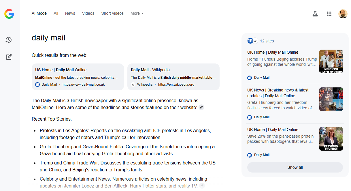 A brand search for ‘daily mail’ in Google AI Mode provides a link to the site’s homepage at the top of the response A brand search for ‘daily mail’ in Google AI Mode provides a link to the site’s homepage at the top of the response