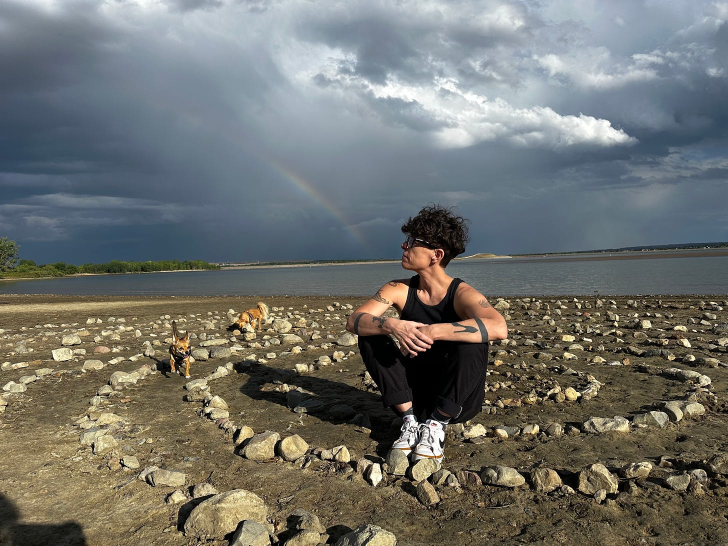 Andrea Gibson sits on a beach in the center of a spiral of rocks, wearing black pants and a black tank top. Two small tan puppies in the background. There is a rainbow in the sky. 