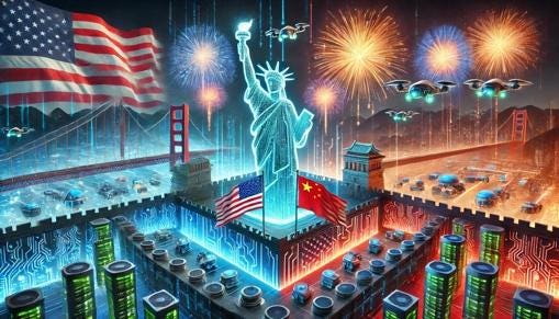 A futuristic depiction of a Fourth of July celebration symbolizing an AI competition between the USA and China. The image features a high-tech, competitive atmosphere with the USA represented by a glowing Statue of Liberty holding a circuit board torch, and China represented by a futuristic Great Wall integrated with servers and drones. Fireworks in the shape of binary code light up the night sky, while advanced AI robots from both nations compete in a grand arena surrounded by American and Chinese flags. The scene blends patriotic elements with a high-tech aesthetic.