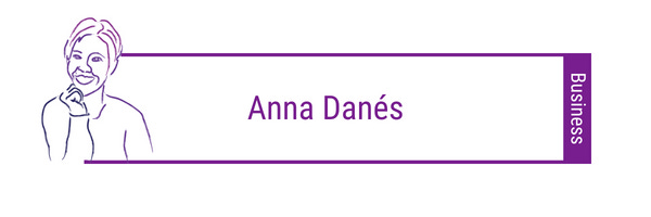 line art of woman with short hair smiling on the left in purple attached to a purple box that says: Anna Danes (Business)