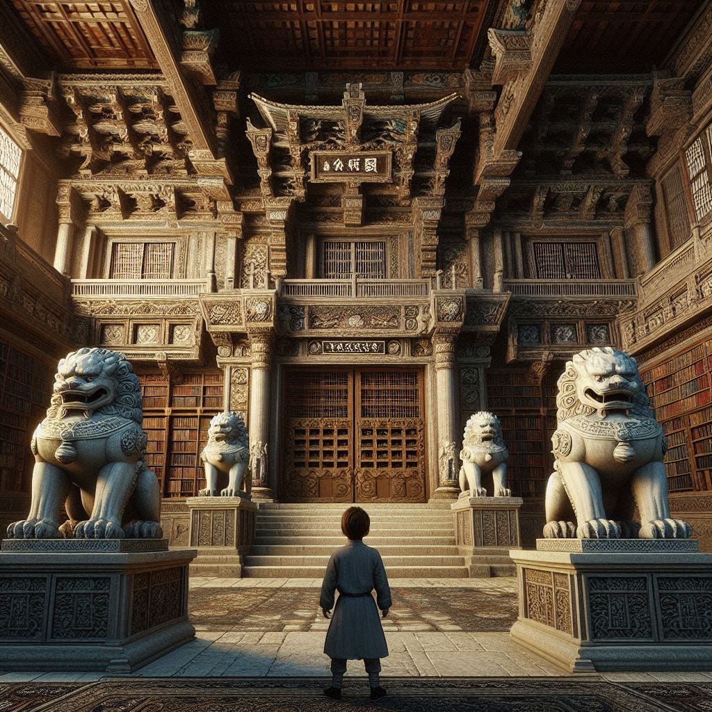a grand medieval japanese library with stone lions on pedestals at each side of the entrance, seven-year old arabic boy standing in front, dungeons and dragons cover art
