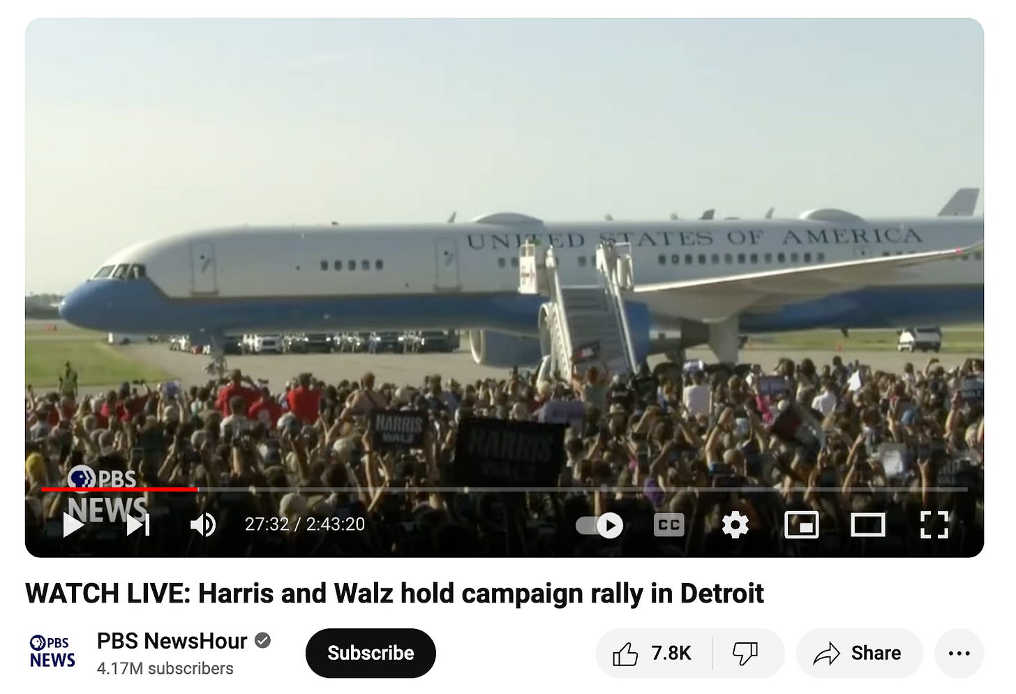 still image from a YouTube video of the Detroit Kamala Harris rally