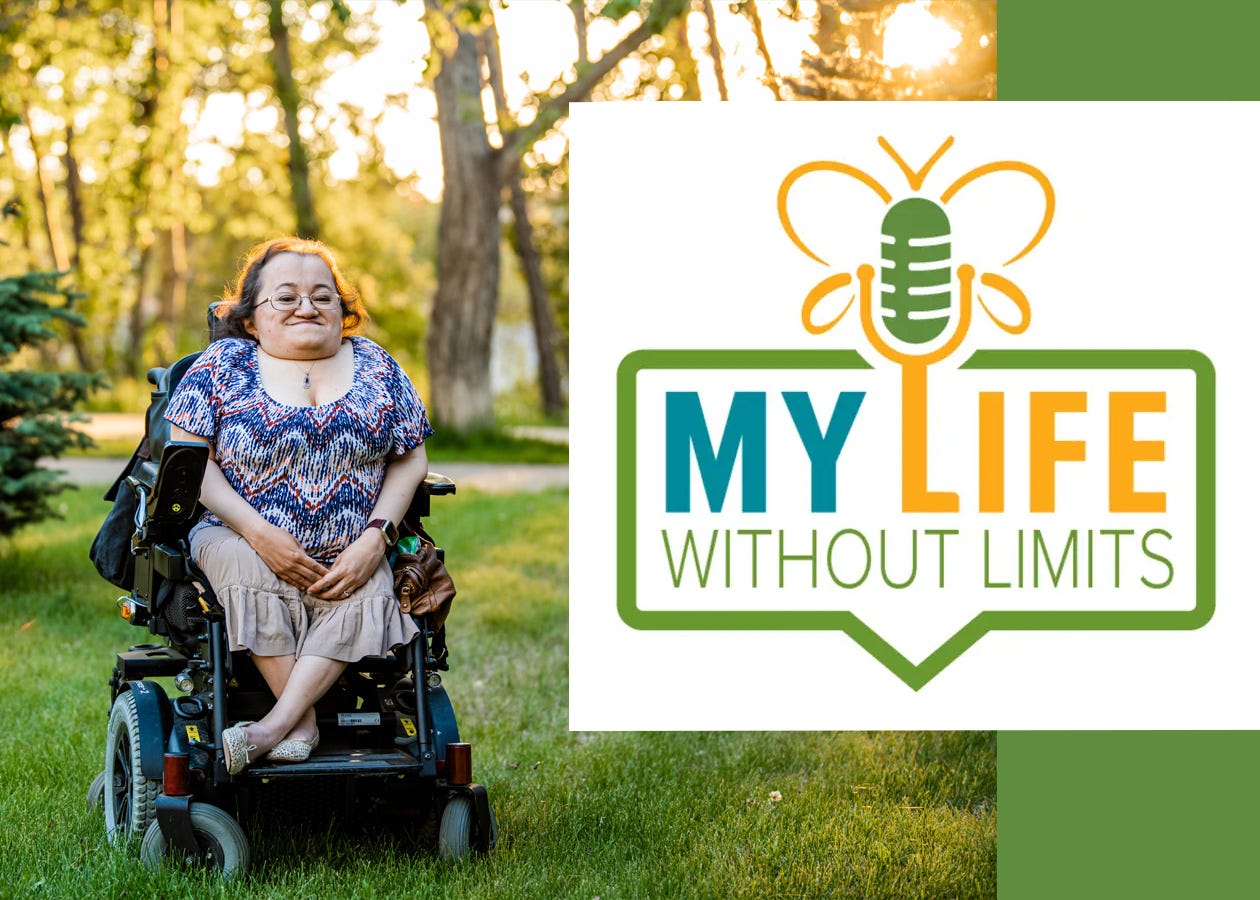 Athena seated in her power wheelchair with the setting sun lighting up the trees and grass. Logo for the "My Life Without Limits" podcast