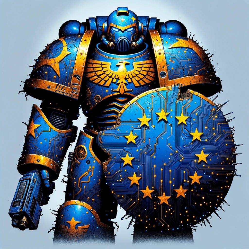 An illustration depicting a silhouetted character symbolizing Europe, wearing Ultramarine armor from Warhammer 40K, colored in the blue and gold scheme similar to the European Union's flag. The armor is detailed and majestic, adorned with EU gold stars. The character wields a large, imposing Space Marine shield that is blue and covered in intricate circuits. The shield prominently features a circle of gold stars arranged in the style of the EU flag. However, the shield is battle-worn, showing big, dramatic cracks across its surface, symbolizing resilience amidst challenges. The overall atmosphere is heroic and formidable, capturing the essence of strength and leadership.