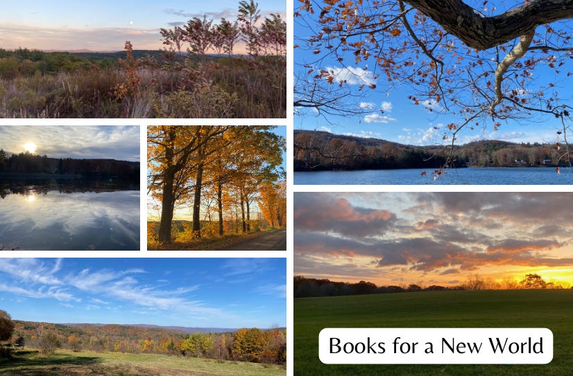 A collage of photos of nature: sumac on a ridgetop at sunset under the moon, clouds reflecting in Ashfield Lake, golden trees along a dirt road, a green field surrounding by red and gold hills, an oak branch in the blue sky over Ashfield Lake, sunrise over a pasture. Text ‘Books for a New World’ appears in a white box in the bottom right.