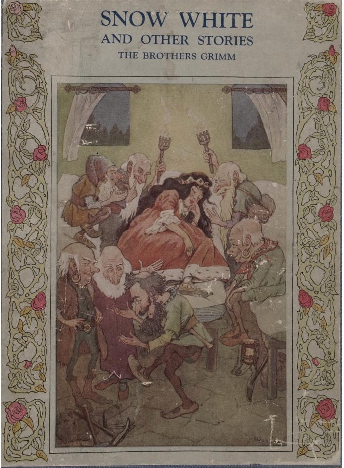 The cover of a Brothers Grimm fairy tale book, featuring an image of Snow White surrounded by the seven dwarfs.
