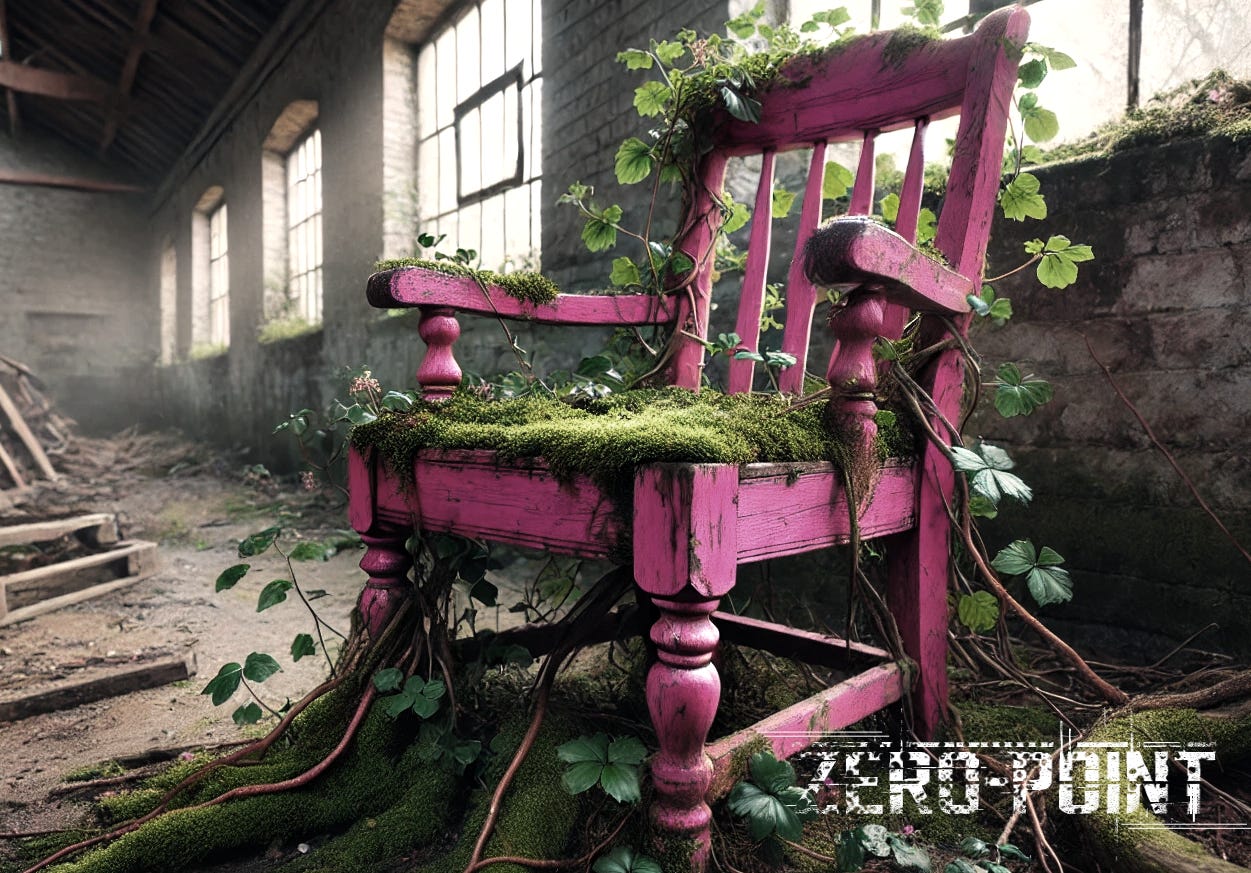 pink victorian style chair decaying under the pressure of time and nature. The word mark "zero point" written in the bottom right corner.