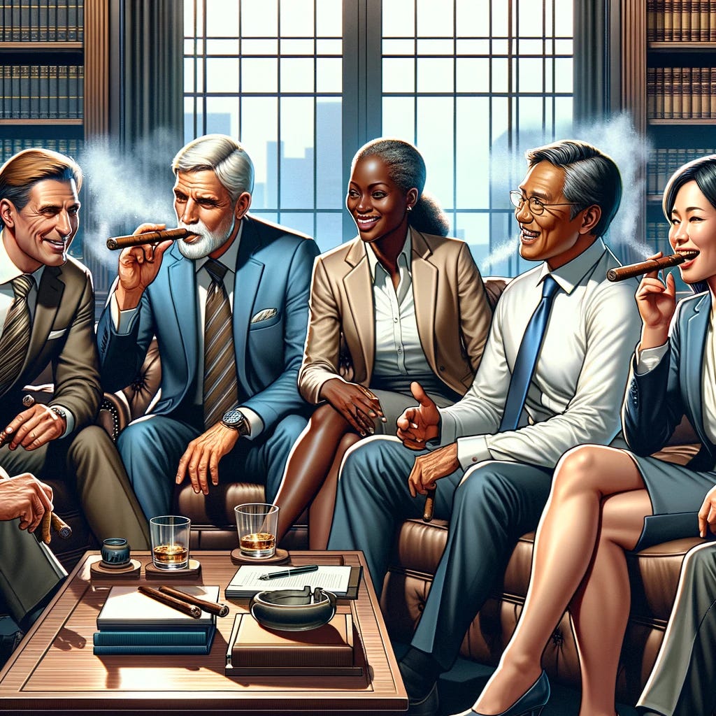 A digital illustration of a group of older managers, good friends, having a conversation while smoking cigars. The group is diverse, including a Caucasian man, a Black woman, a Hispanic man, and an East Asian woman. They are dressed in sophisticated business attire, sitting comfortably in a luxurious office lounge. The atmosphere is relaxed and convivial, with expressions of laughter and deep engagement in conversation. The background features plush leather chairs, a wooden table, and bookshelves, creating an elegant and mature setting.