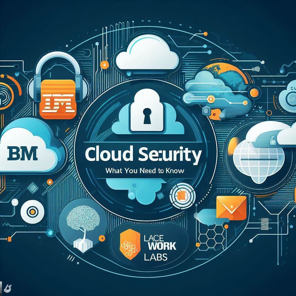 An image for a web page about cybersecurity, cloud security, and tech innovation, featuring logos of IBM, Microsoft, AWS, and Lacework Labs, and a headline that says 'Cloud Security Trends and Tech Innovation: What You Need to Know'