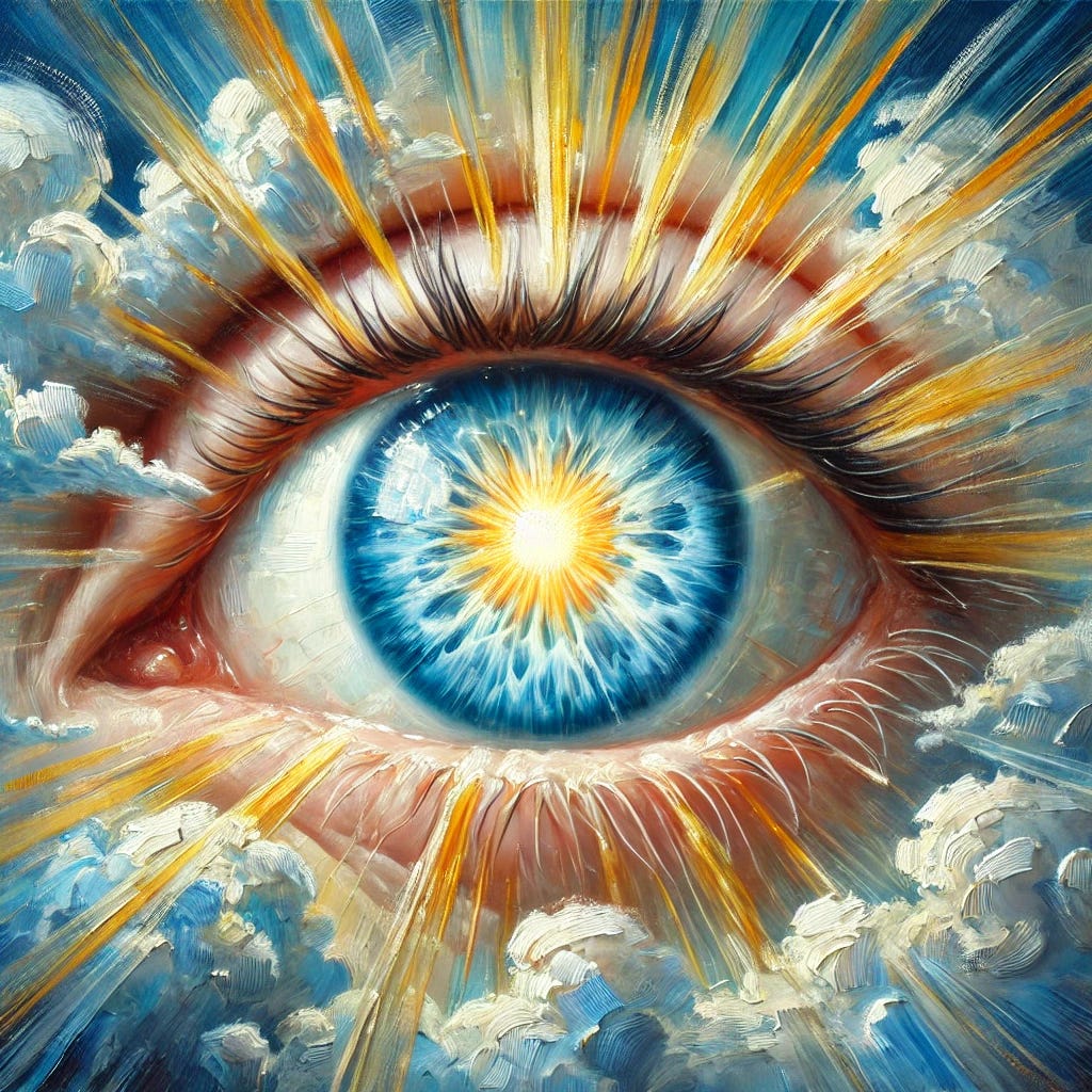 An oil painting of an eye with a cloudy lens at the center, symbolizing cataracts. The eye is surrounded by vibrant rays of light and energy, depicting natural healing elements like antioxidants and sunlight. Soft hues of blue and white in the eye create the clouded effect, while golden rays suggest clarity and vision improvement. The overall style is expressive with bold, flowing brushstrokes and rich, vivid colors to evoke a sense of healing and transformation.