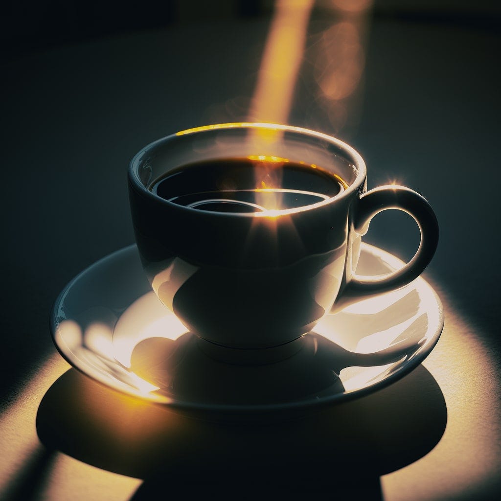 early morning rays of light on a cup of coffee, low angle, 8k, hyperrealistic, fujifilm XPro3, 35mm f1.4 --v 4