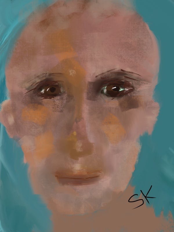 Painting by Sherry Killam of a boy's face with wounded expression.