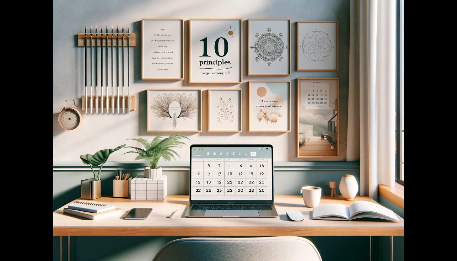 A creative and inspirational header image for a blog post titled '10 Principles to Organize Your Life'. The image features a modern, clean desk space with a laptop open to a digital calendar, a neatly organized notebook, and a cup of coffee. On the wall above the desk, there's an artful arrangement of ten framed inspirational quotes. The room is filled with natural light, creating a peaceful and productive atmosphere. The overall color scheme is soft and calming, with pastel shades and touches of green from indoor plants.