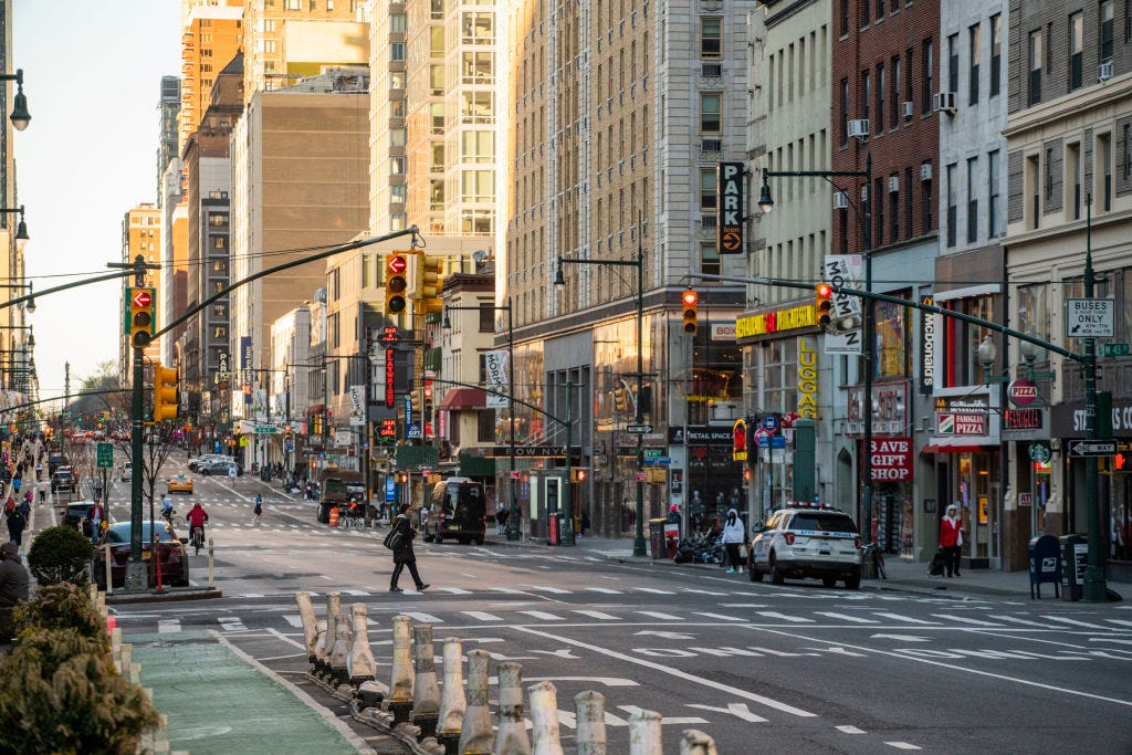 A quiet Times Square on Friday, March 2020 in New York, NY. The city officially announced the closure of all non-essential businesses and implemented a lockdown last week. (Photo by Erin Lefevre for Nur Photo) A quiet Times Square on Friday, March 2020 in New York, NY. The city officially announced the closure of all non-essential businesses and implemented a lockdown last week. (Photo by Erin Lefevre for Nur Photo)