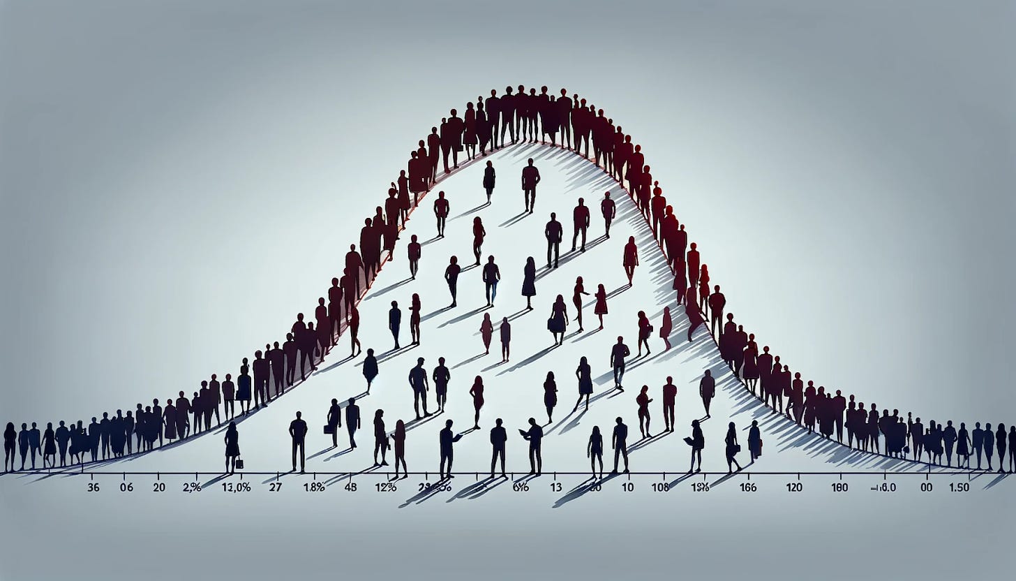 A vector illustration in landscape mode depicting a large group of humans arranged in the shape of a normal statistical distribution curve. The individuals at the ends of the curve are highlighted to emphasize the tails of the distribution. The overall theme is dark and minimalistic, focusing on a clear representation of the statistical concept through human figures.