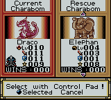 A screenshot of the Charabom selection screen, seen after rescuing a new Charabom, in Red Challenger. On the left is the current Charabom and its stats, on the right, the new one you could choose to equip instead.