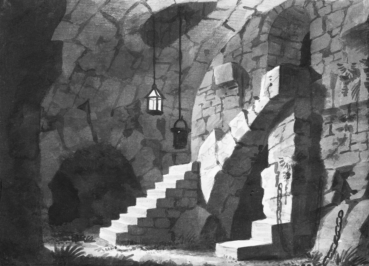 A water colour of stone steps leading to cave entrances. A lantern hangs from the ceiling. Loose chains litter the foreground.