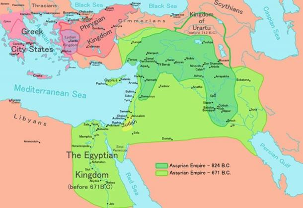 Mapa del Imperio neoasirio y sus expansiones: el verde oscuro muestra el imperio en 824 a.C., el verde claro en 671 a.C. (Dominio público)