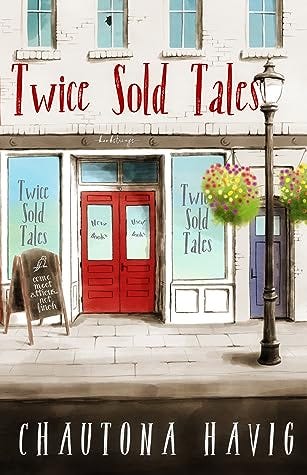 twice sold tales cover, a red door to bookstore with planters outside hanging on a lampost and a second story broken window