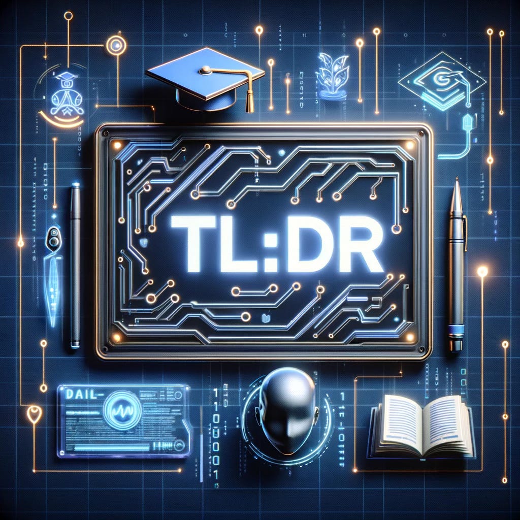 A logo for TL;dr reimagined with an AI theme. The 'TL;DR' text is now integrated into a circuit board design with a digital aesthetic