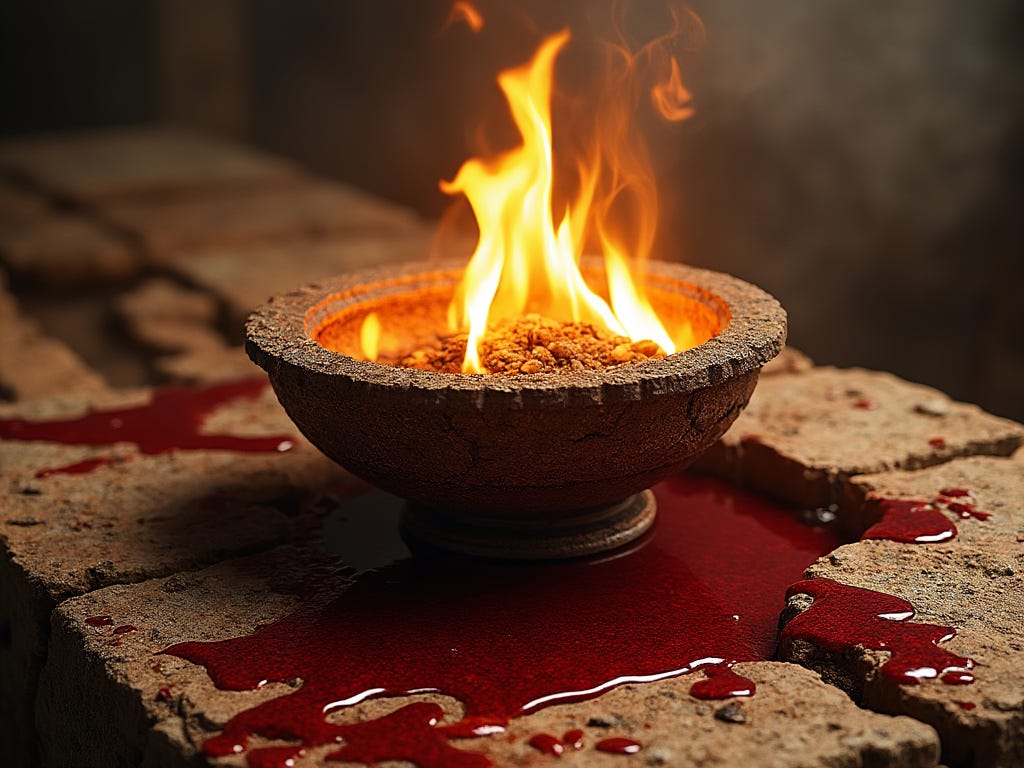 A sacrificial bowl filled with burning incense sits atop a stone altar. Blood is visibly spilled on the surface around the bowl. The imagery evokes themes of ancient rituals, symbolizing the forsaking of God and the offering of incense to foreign deities. It represents the desecration and filling of the place with the blood of innocents. The fire burns brightly, casting light and shadows on the surroundings, adding to the sense of ominous significance.