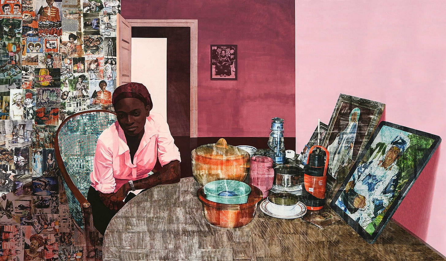A collaged portrait by Njideka Crosby. A woman sits at a table with photographs behind her.